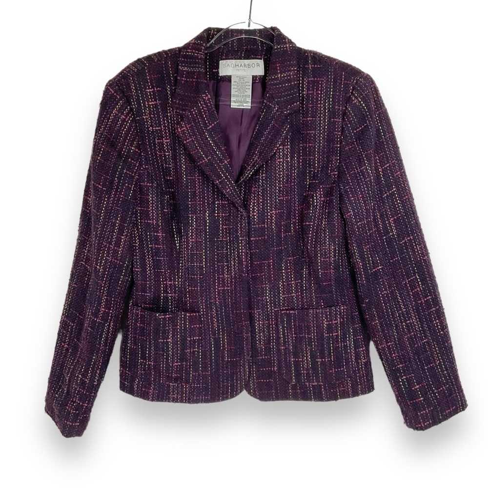 Sag‎ Harbor Blazer Petite Womens Plum Purple Tweed Longsleeve Jacket Size 10